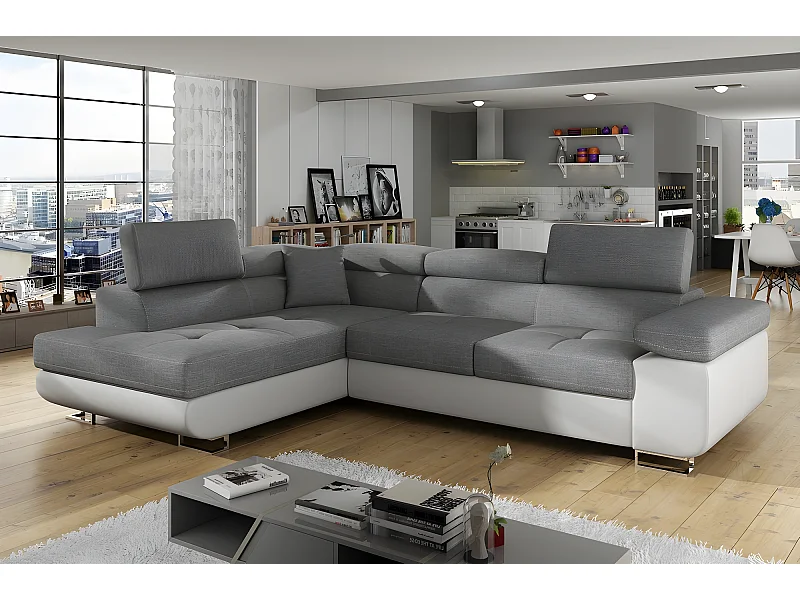 Hoekslaapbank van luxe stof en kunstleer met opbergkist, ANNECY MIX, grijs/offwhite