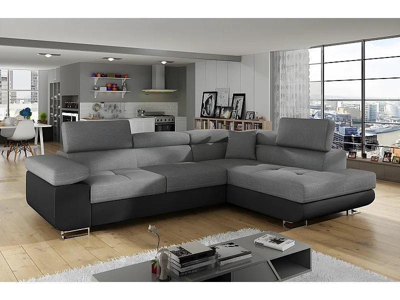 Canapé d'angle convertible en tissu luxe et simili cuir 5 places, coffre, gris / noir, angle droit (vu de face), ANNECY MIX