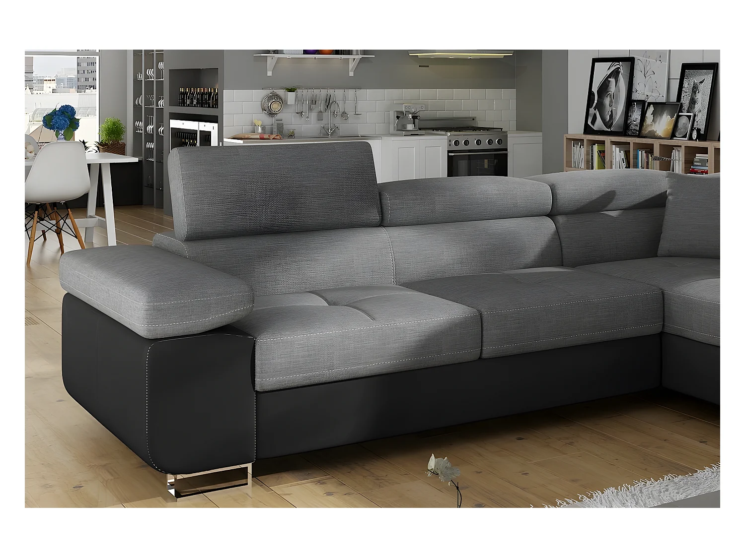 Canapé d'angle convertible en tissu luxe et simili cuir 5 places, coffre, gris / noir, angle droit (vu de face), ANNECY MIX