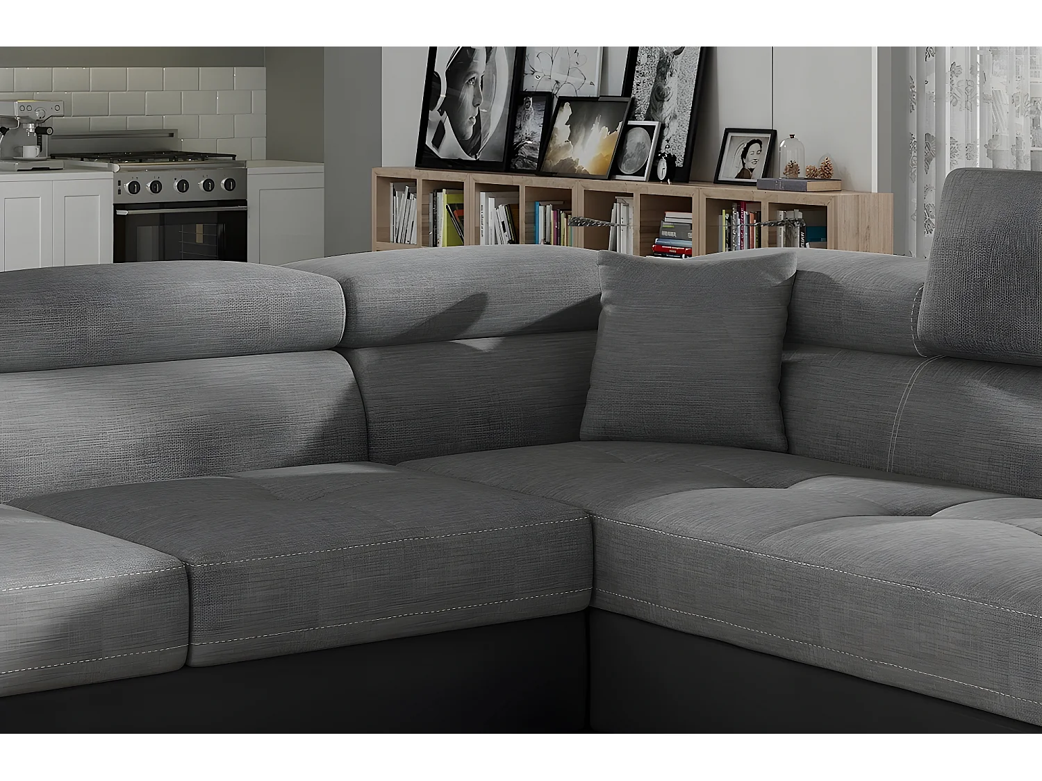 Canapé d'angle convertible en tissu luxe et simili cuir 5 places, coffre, gris / noir, angle droit (vu de face), ANNECY MIX