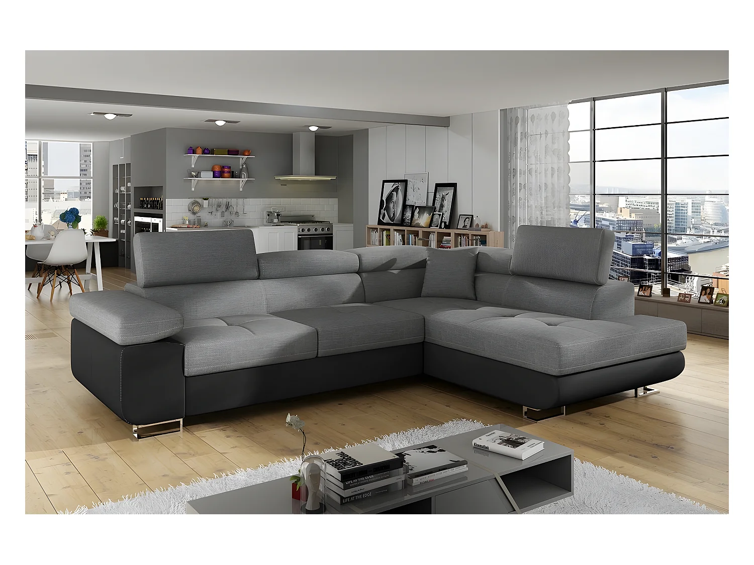 Canapé d'angle convertible en tissu luxe et simili cuir 5 places, coffre, gris / noir, angle droit (vu de face), ANNECY MIX