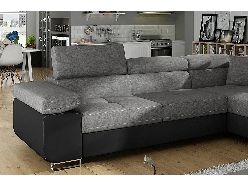 Canapé d'angle droit convertible 5 places avec coffre en simili cuir noir