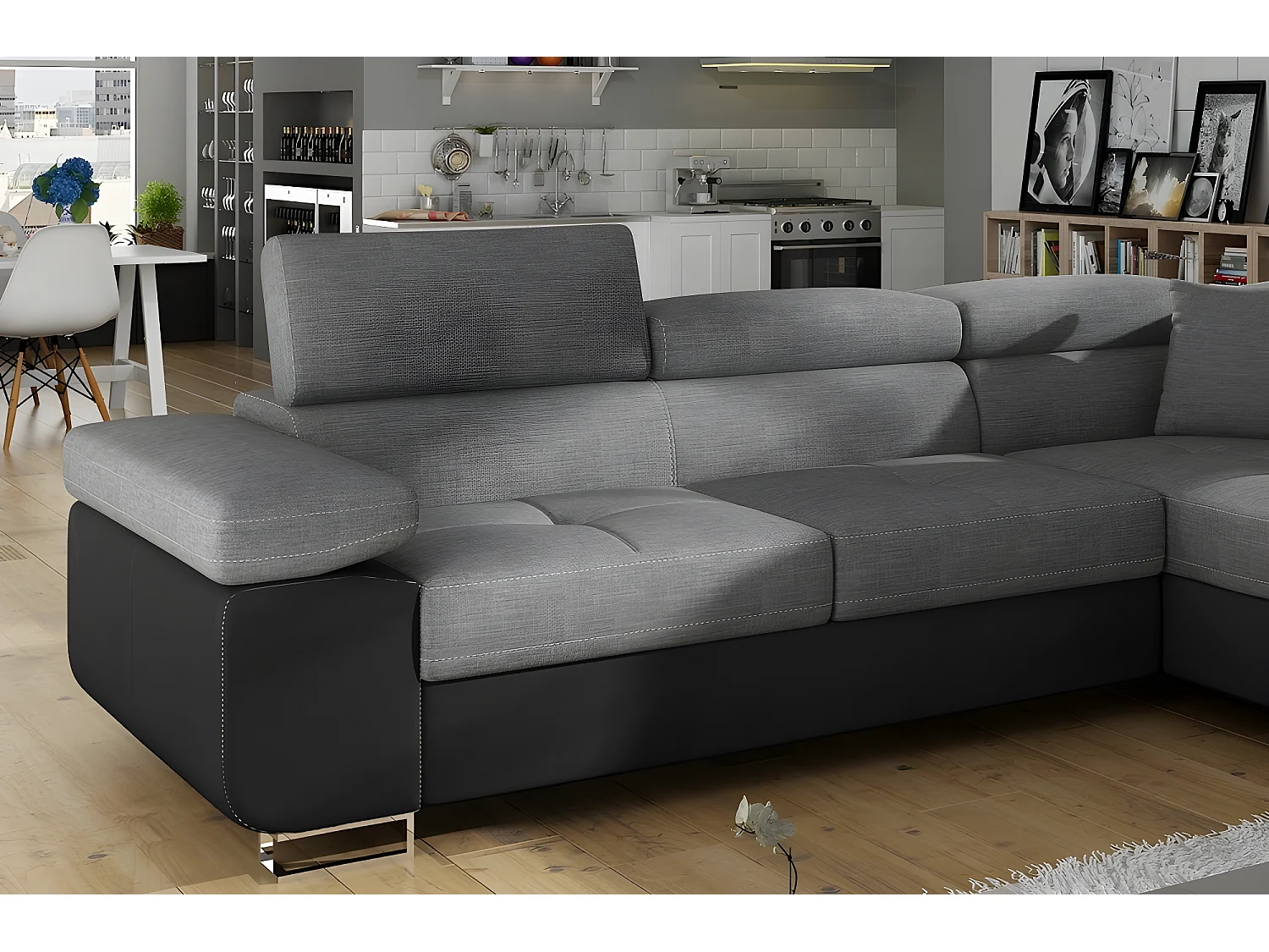 Canapé d'angle convertible en tissu luxe et simili cuir 5 places, coffre, gris / noir, angle droit (vu de face), ANNECY MIX