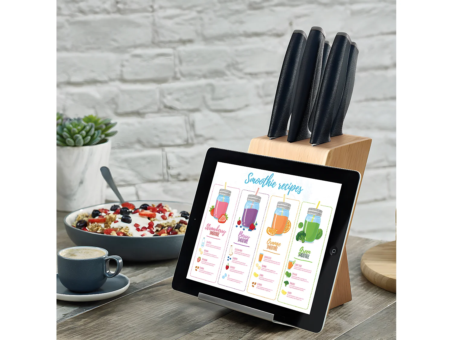 Advantage - Bloc bois naturel 5 pièces lames inox avec porte tablette