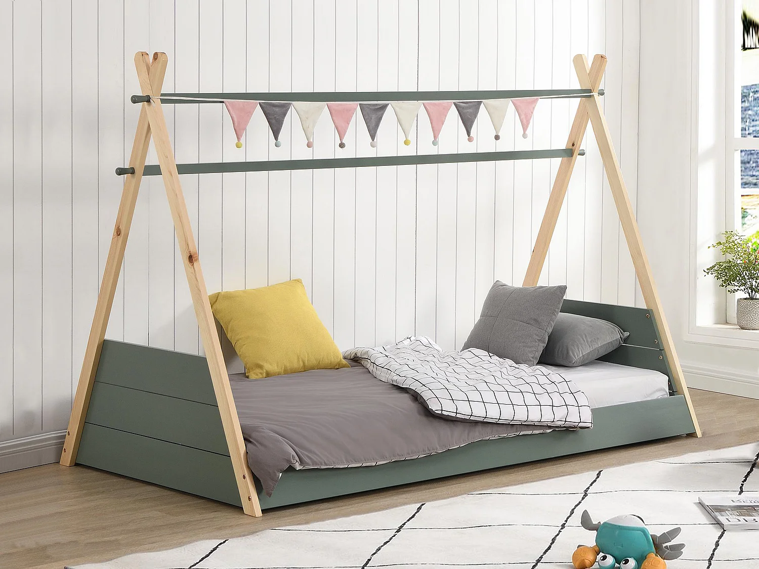 Lit tipi 90 x 190 cm - Pin - Coloris : Naturel et vert - SIOUX