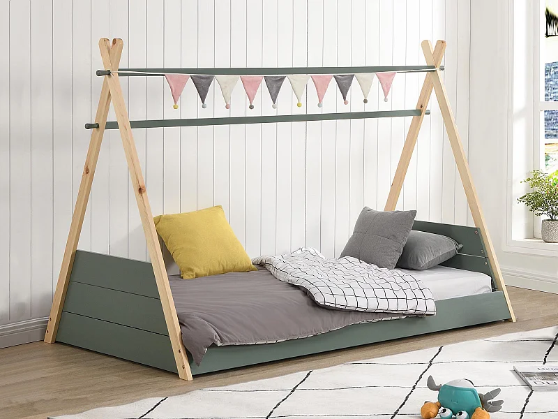 Lit tipi 90 x 190 cm - Pin - Coloris : Naturel et vert - SIOUX
