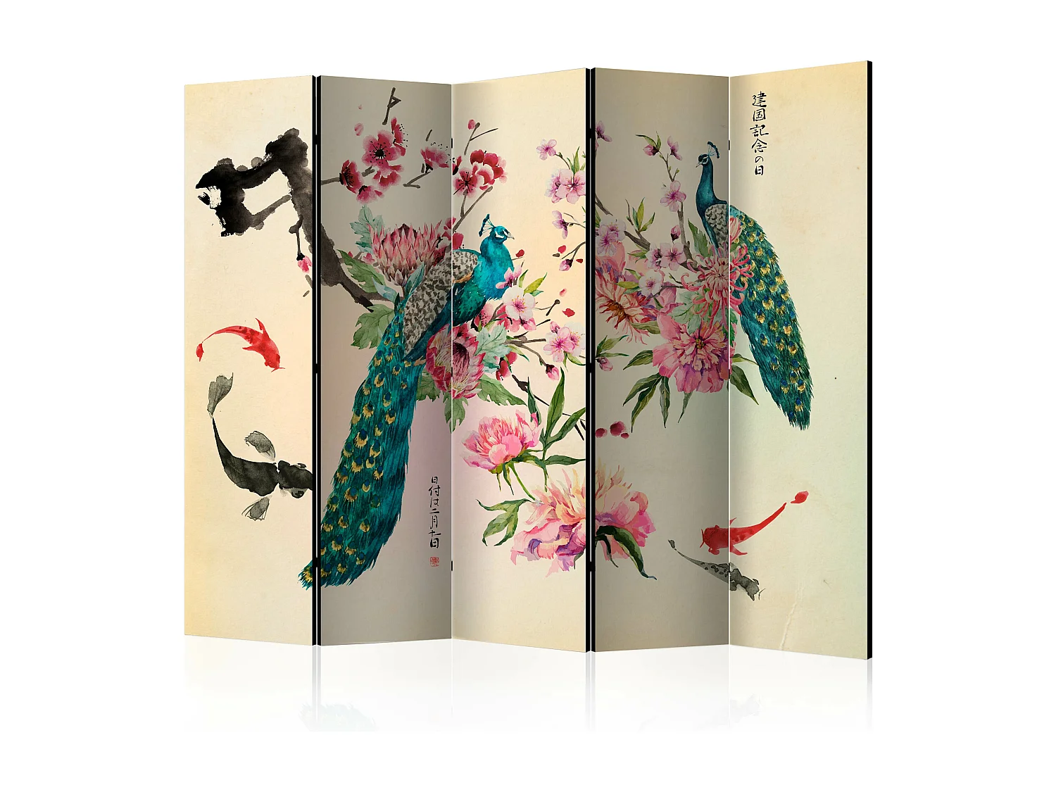 Paravent Paon et fleurs 5 volets - Artgeist