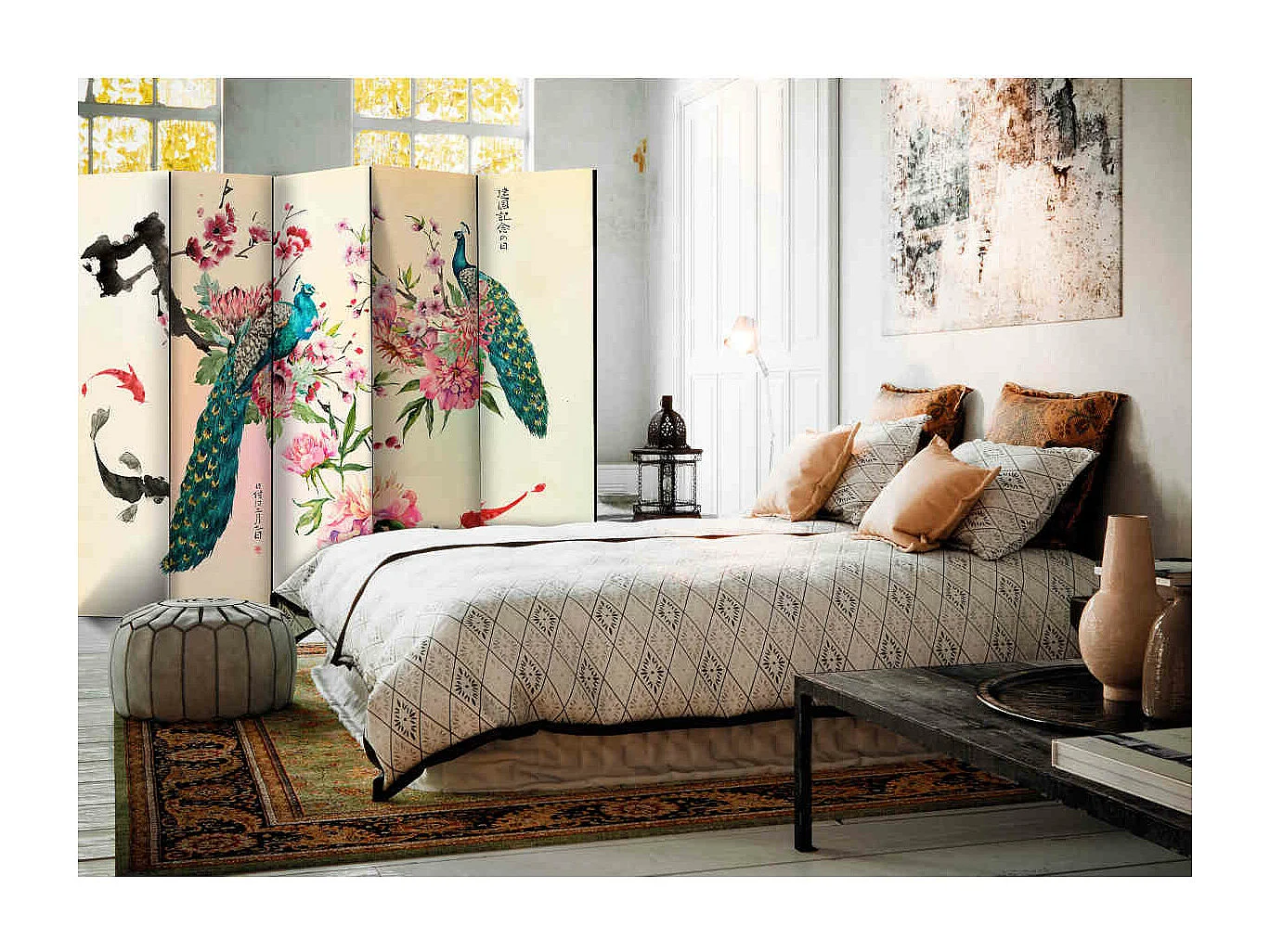 Paravent Paon et fleurs 5 volets - Artgeist