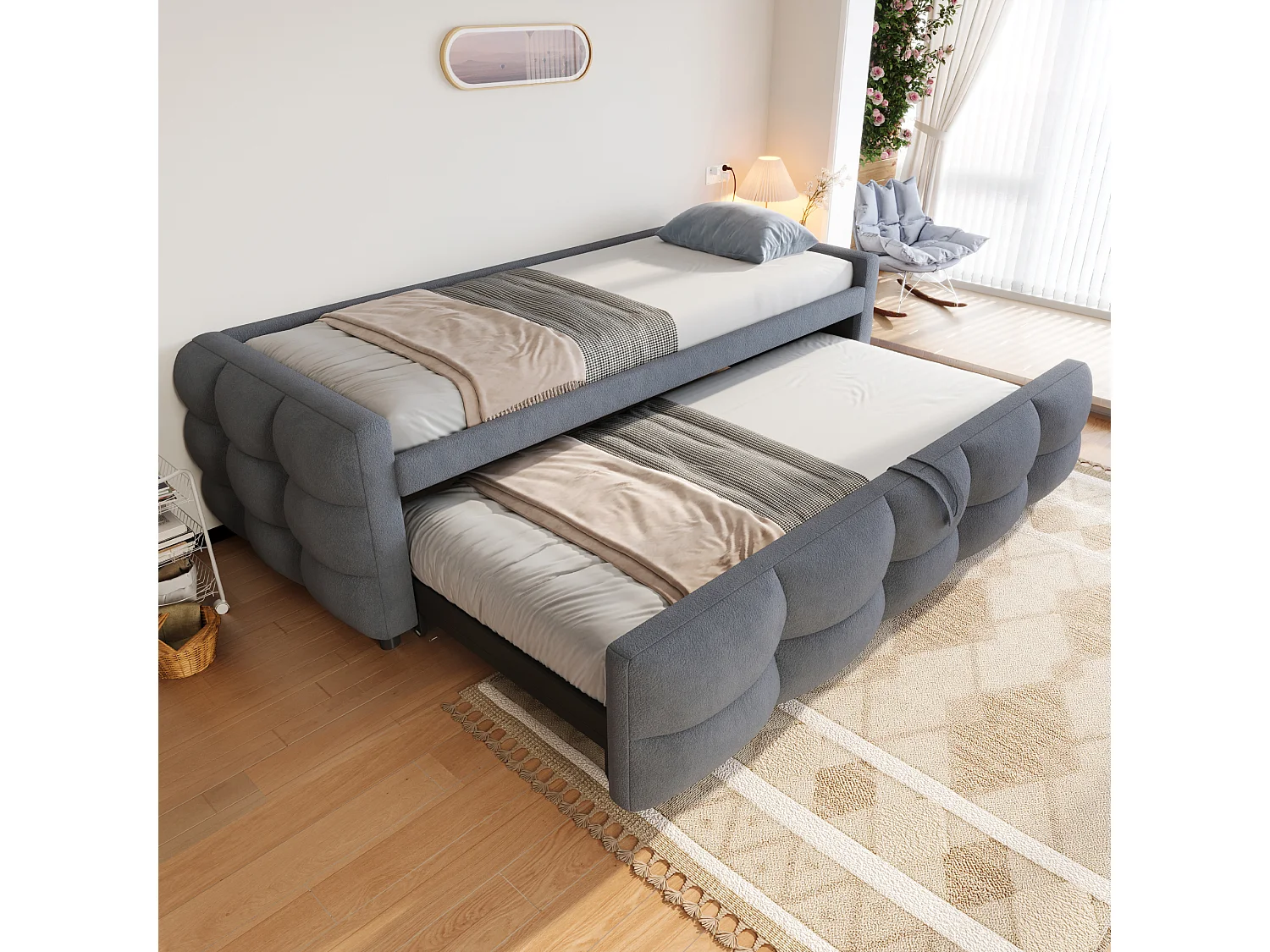 Lit gigogne 90/180 x 190 cm sans tête de lit - Tissu velours Teddy - avec sommier à lattes - Gris