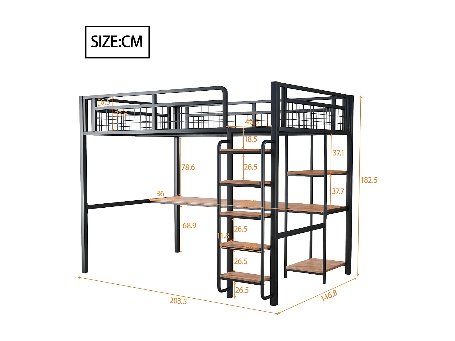 Hochbett 140 x 200 cm mit Schreibtisch und Ablageflächen - Metall und MDF - für Kinder - Schwarz