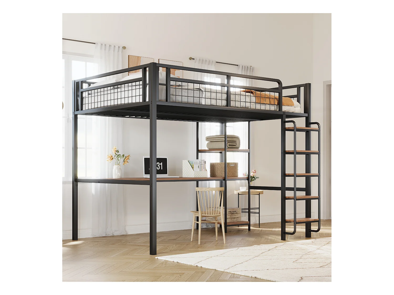 Hochbett 140 x 200 cm mit Schreibtisch und Ablageflächen - Metall und MDF - für Kinder - Schwarz