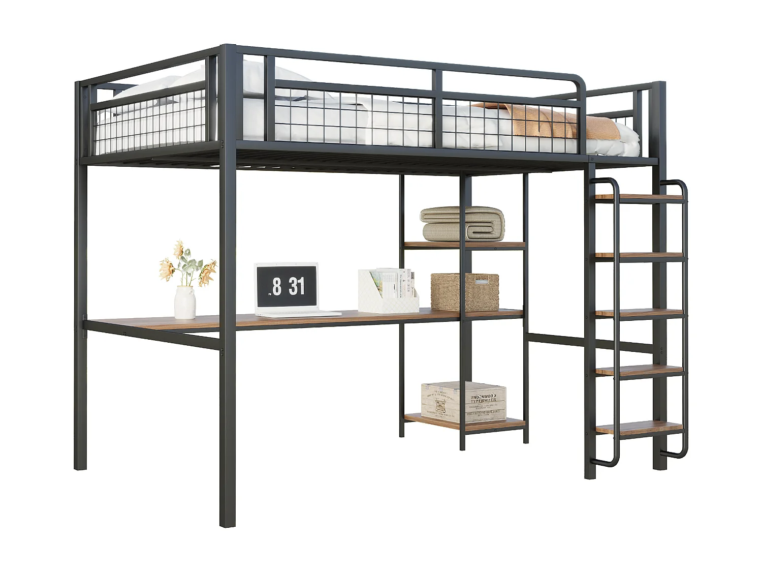 Hochbett 140 x 200 cm mit Schreibtisch und Ablageflächen - Metall und MDF - für Kinder - Schwarz