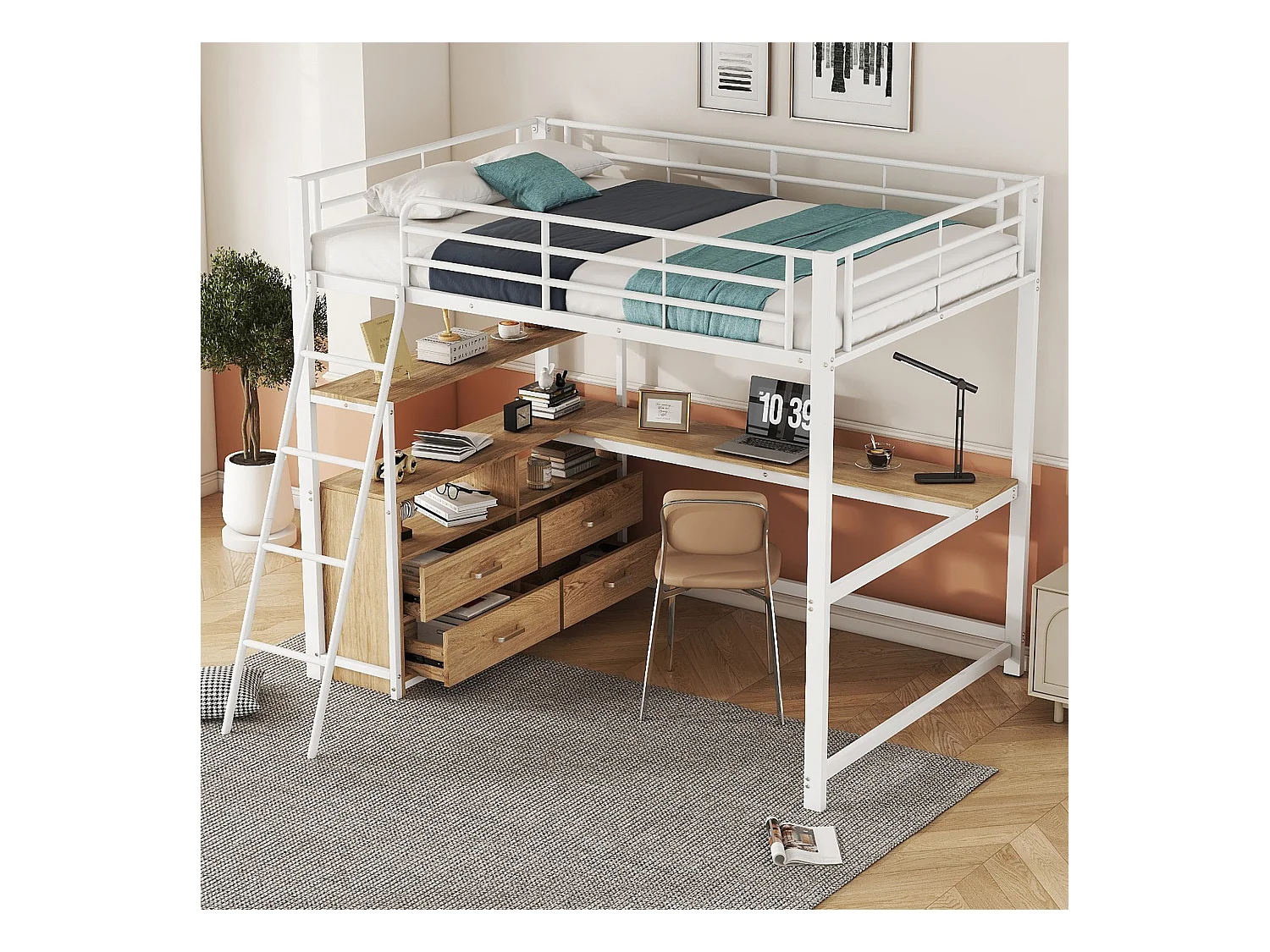 Lit mezzanine 140 x 200 cm avec bureau d'angle en L et 4 tiroirs - Métal - Blanc (sans matelas)