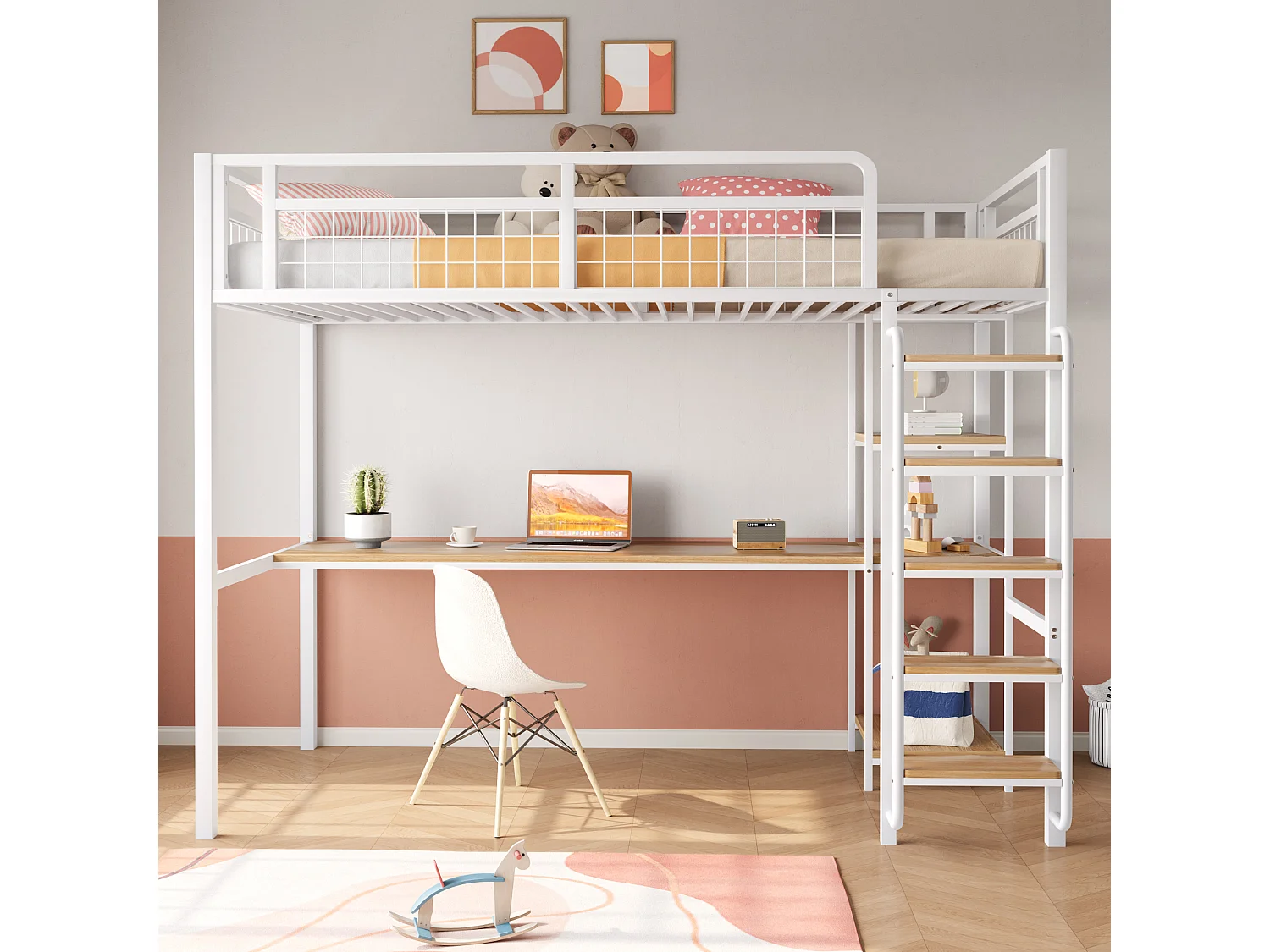 Lit mezzanine 90 x 200 cm avec bureau étagères de rangement - Métal et MDF - pour enfant - Blanc