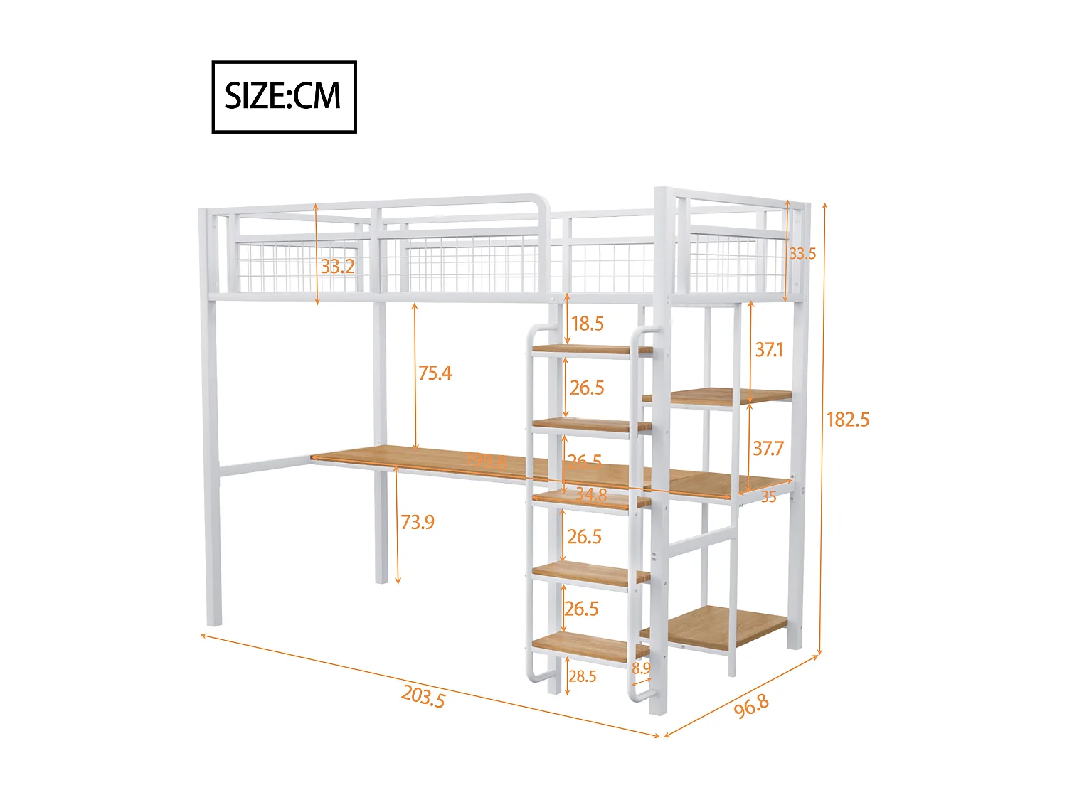Lit mezzanine 90 x 200 cm avec bureau étagères de rangement - Métal et MDF - pour enfant - Blanc