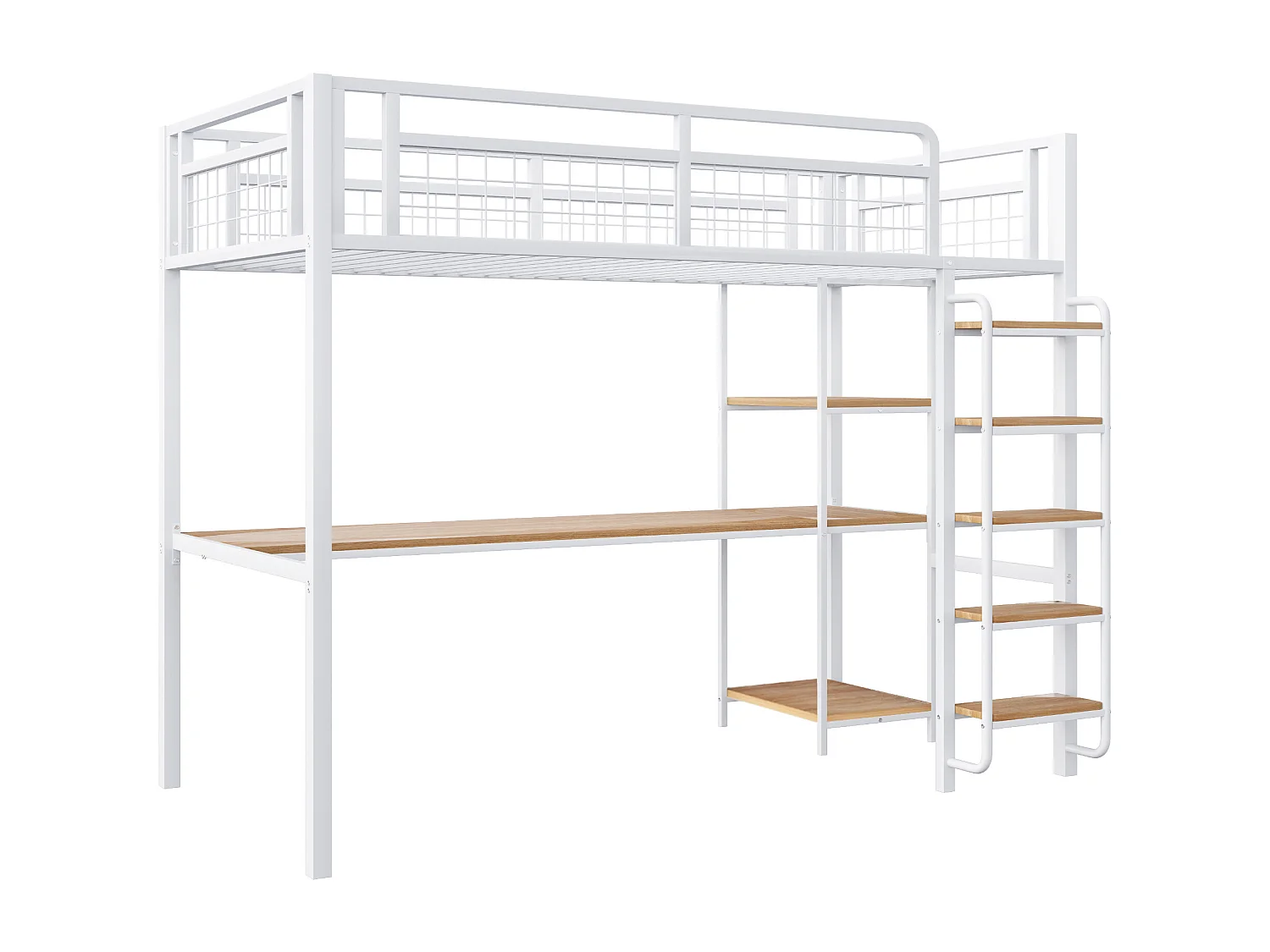 Lit mezzanine 90 x 200 cm avec bureau étagères de rangement - Métal et MDF - pour enfant - Blanc