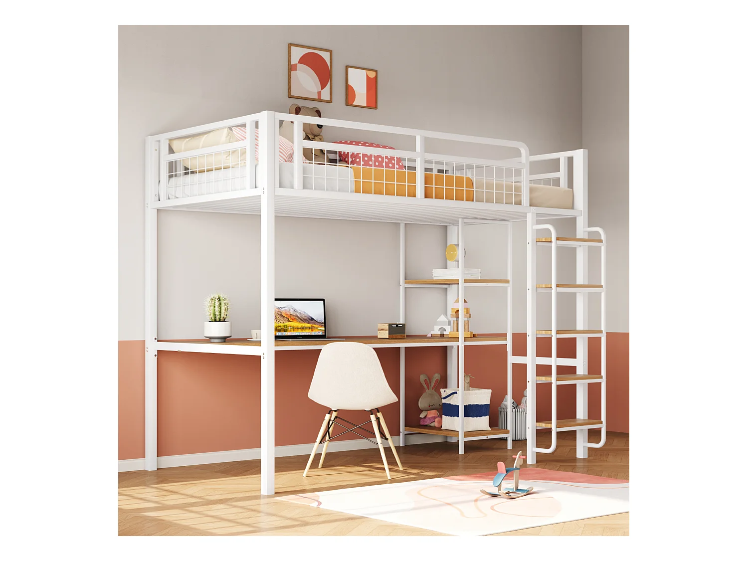 Lit mezzanine 90 x 200 cm avec bureau étagères de rangement - Métal et MDF - pour enfant - Blanc