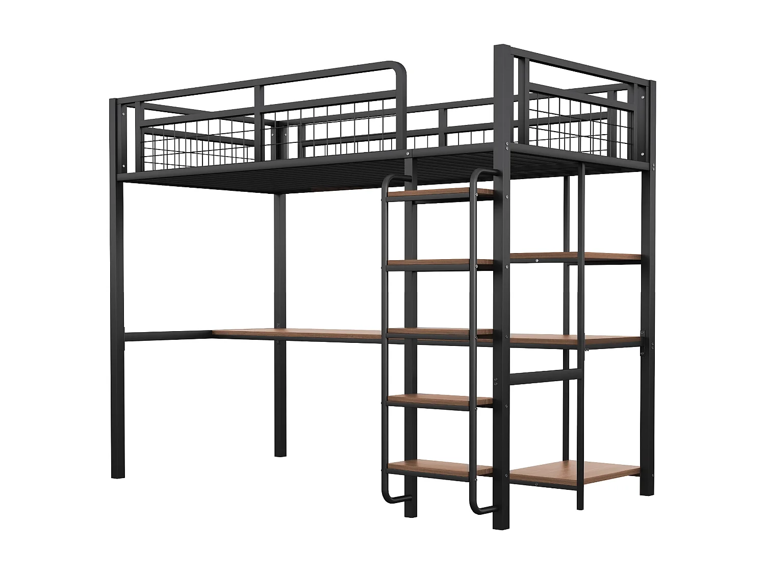 Lit mezzanine 90 x 200 cm avec bureau étagères de rangement - Métal et MDF - pour enfant - Noir