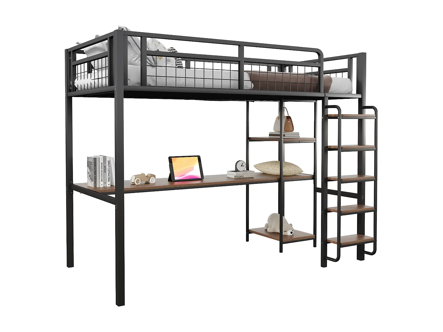 Lit mezzanine 90 x 200 cm avec bureau étagères de rangement - Métal et MDF - pour enfant - Noir