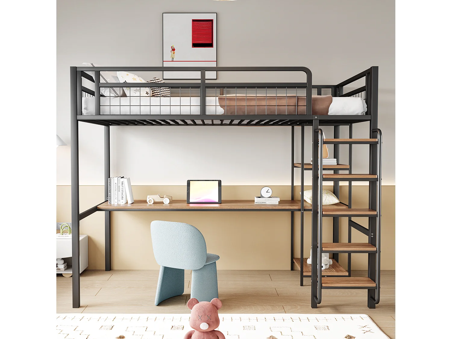 Hoogslaper 90 x 200 cm met bureau en opbergplanken - Metaal en MDF - voor kinderen - Zwart