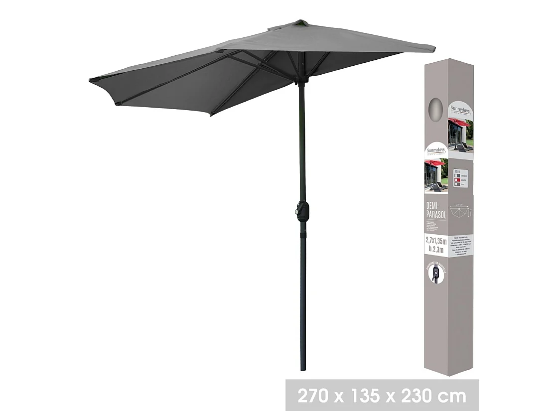 Meio-guarda-sol de parede cinza antracite – 270x135x230cm – Alumínio – Tecido de poliéster 180g/m² – Manivela
