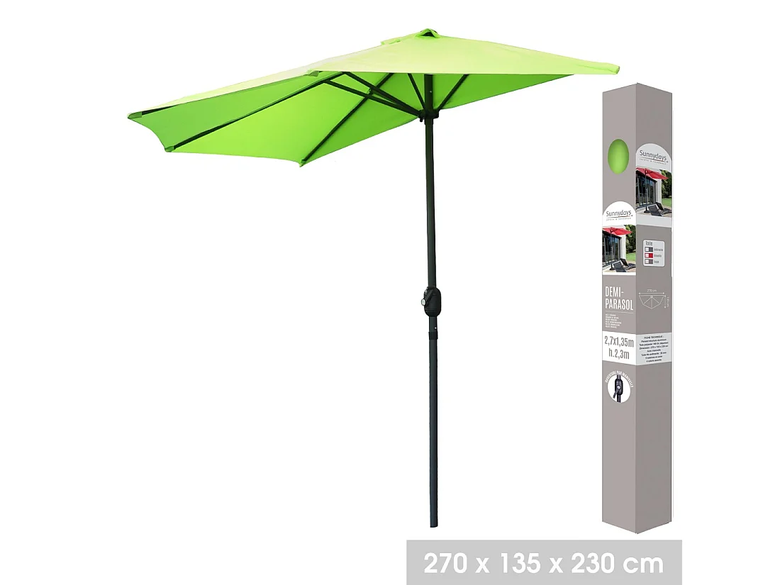 Demi-parasol de pared verde anís – 270x135x230cm – Aluminio – Tela de poliéster 180g/m² – Manivela
