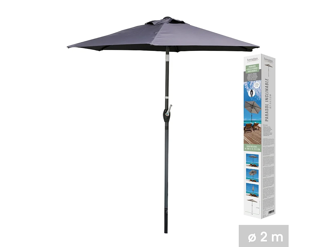 Parasol inclinable gris anthracite Ø200 cm – Mât acier Ø34 mm – Toile polyester 160g/m² déperlante