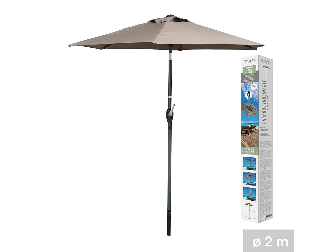 Parasol inclinable taupe – Ø2m – H2,13m – Acier – Toile polyester 160g/m² – Manivelle