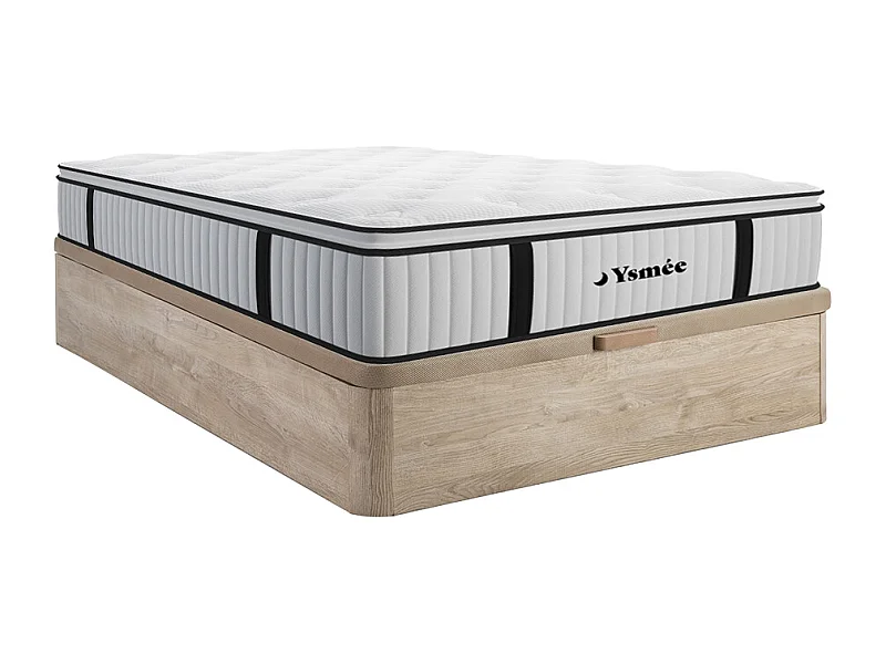 Ensemble 140 x 200 cm sommier coffre naturel clair + matelas ressorts ensachés surmatelas intégré ép.28cm - AMERICAN DREAM de YSMÉE