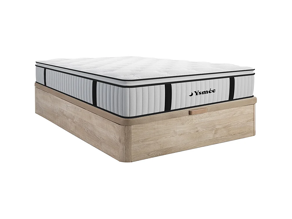 Ensemble 140 x 200 cm sommier coffre naturel clair + matelas ressorts ensachés surmatelas intégré ép.28cm - AMERICAN DREAM de YSMÉE