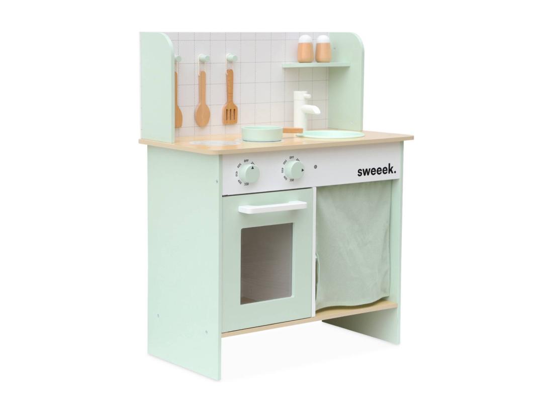 vente unique Cuisine en bois vert céladon cocotte pour enfant avec accessoires