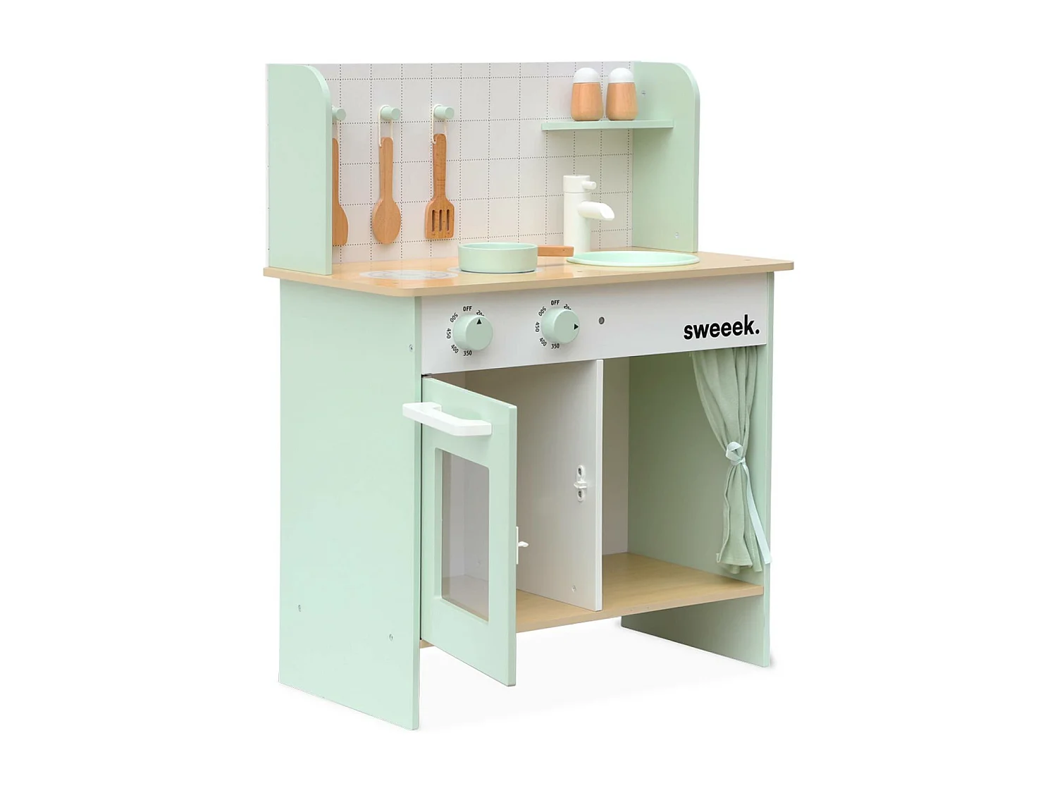 Cocina infantil de madera verde celadón