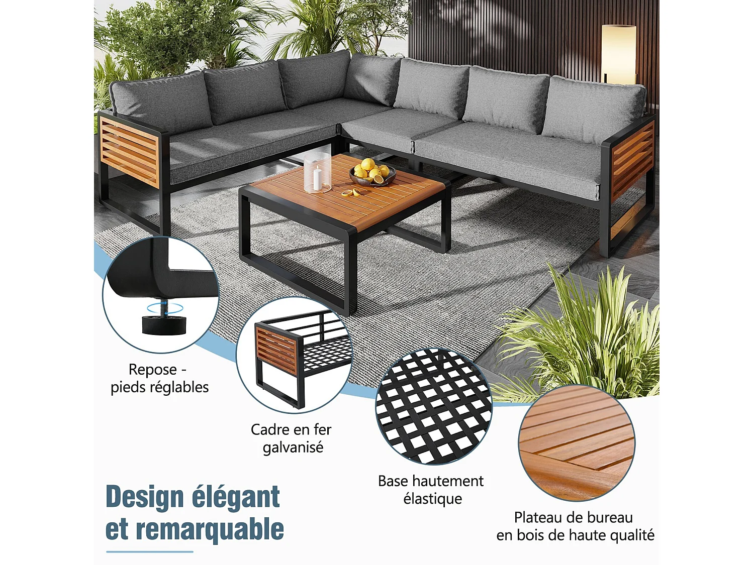 Móveis de jardim modulares - com armações de ferro galvanizado e apoios de braços de madeira - mesa de café e sofá modular 6 lugares