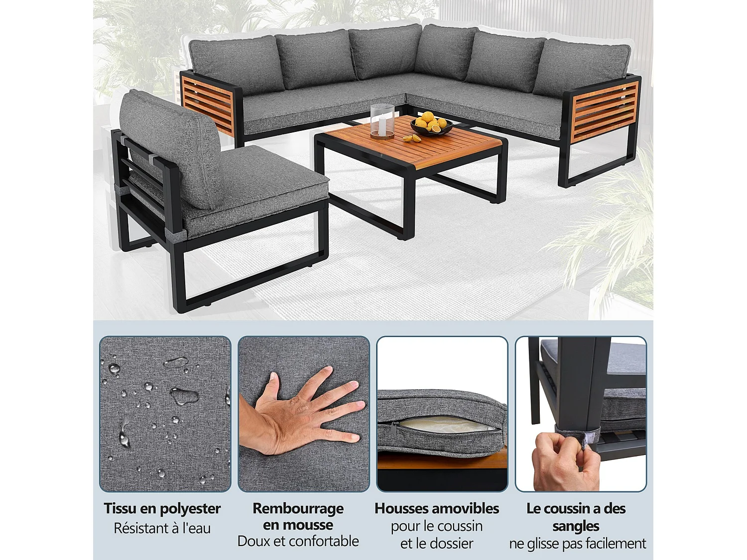 Móveis de jardim modulares - com armações de ferro galvanizado e apoios de braços de madeira - mesa de café e sofá modular 6 lugares