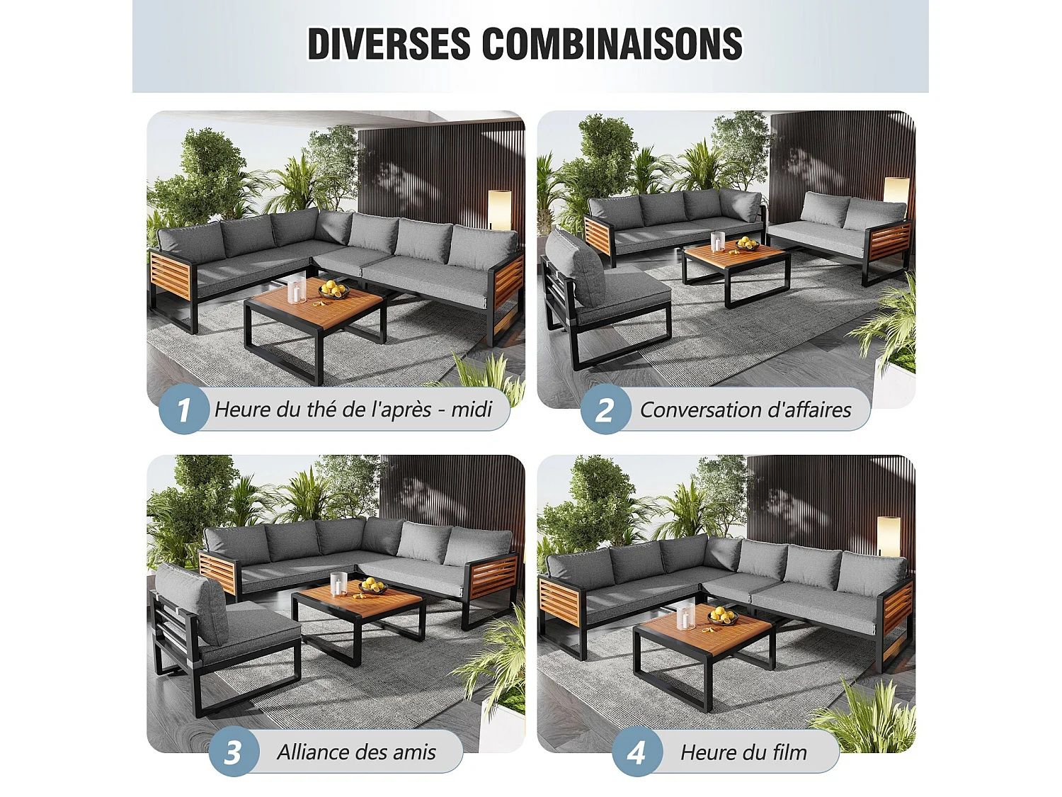 Móveis de jardim modulares - com armações de ferro galvanizado e apoios de braços de madeira - mesa de café e sofá modular 6 lugares