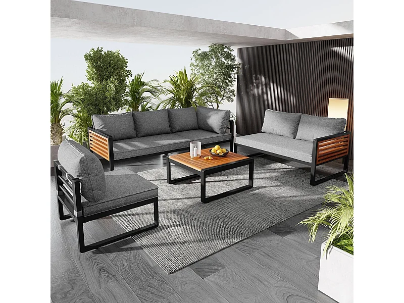 Móveis de jardim modulares - com armações de ferro galvanizado e apoios de braços de madeira - mesa de café e sofá modular 6 lugares