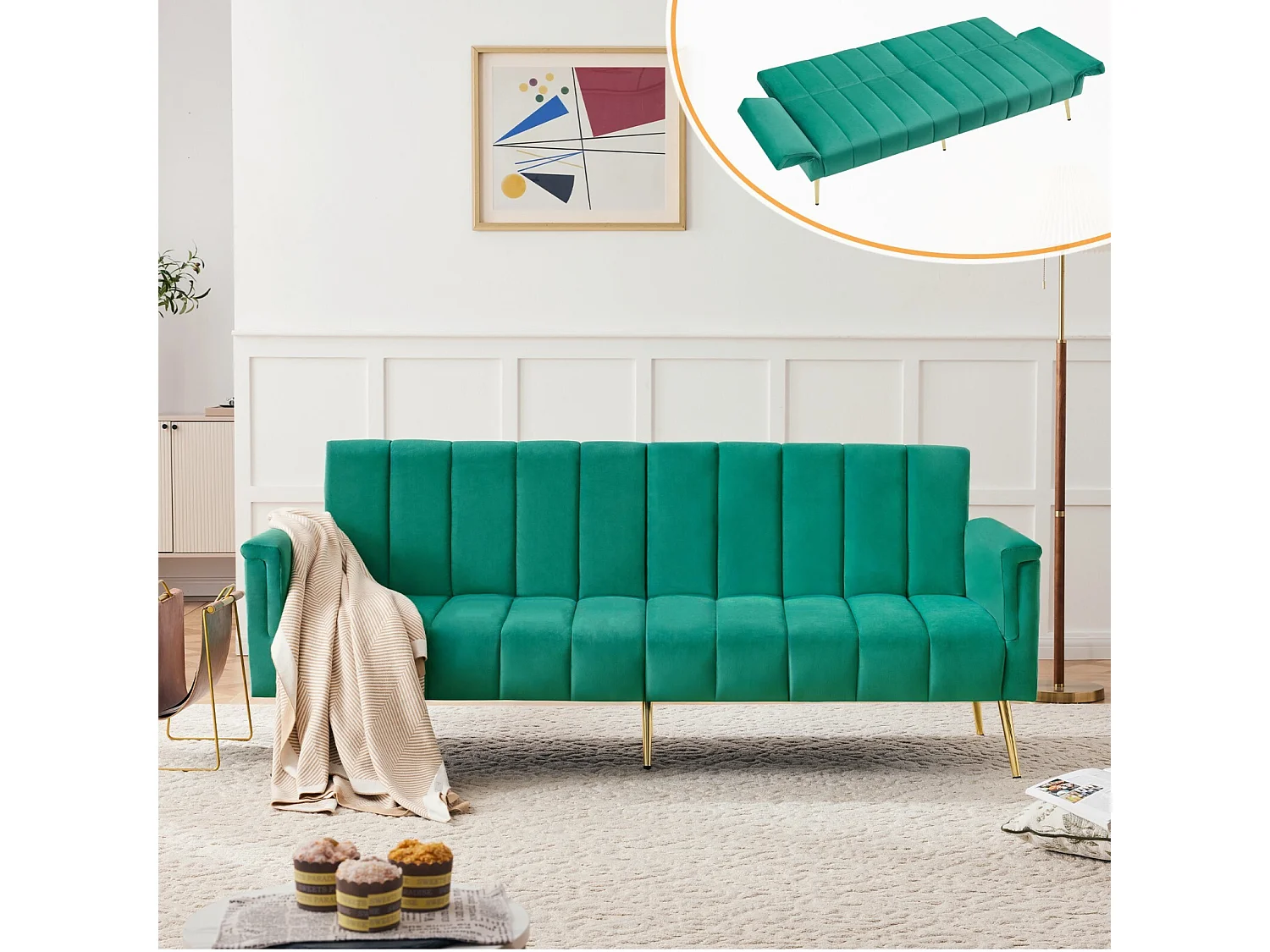 Express Cabrio 4 -Eierer -Sofa in grünem Samt, mit Hilfsfüßen, Schlaf 220 x 104 cm, max. 150 kg Last, 183x76x75 cm