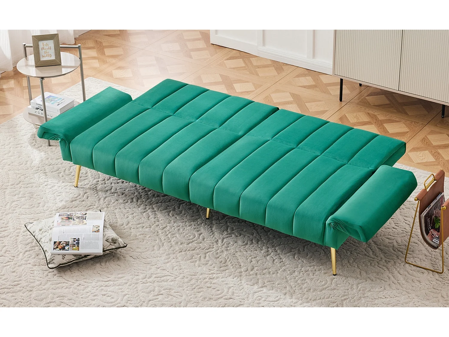 Express Cabrio 4 -Eierer -Sofa in grünem Samt, mit Hilfsfüßen, Schlaf 220 x 104 cm, max. 150 kg Last, 183x76x75 cm