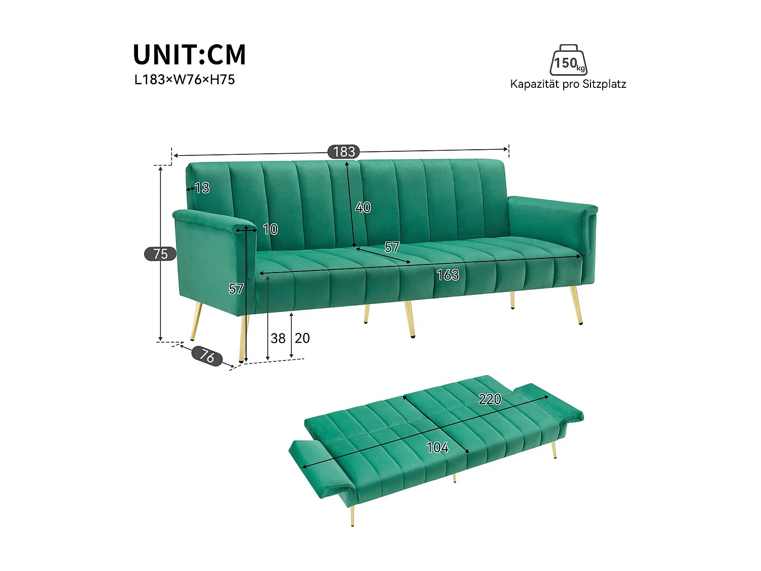 Express Cabrio 4 -Eierer -Sofa in grünem Samt, mit Hilfsfüßen, Schlaf 220 x 104 cm, max. 150 kg Last, 183x76x75 cm