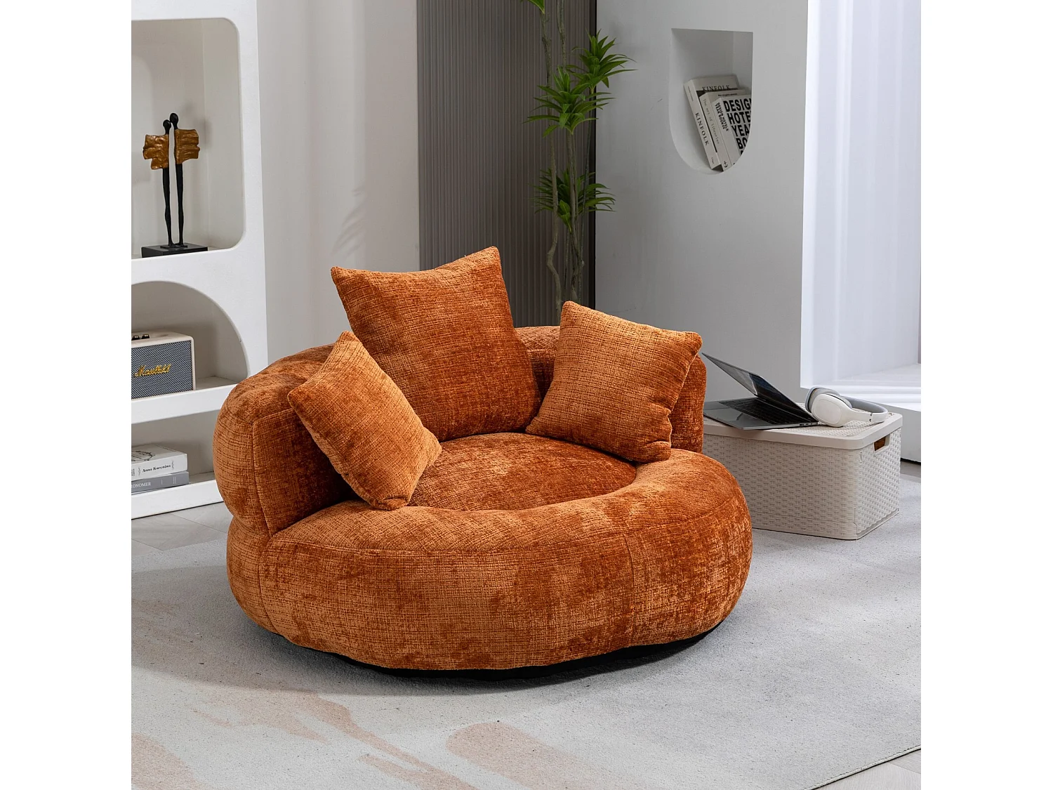 Fauteuil pouf coquillage - en tissu chenille orange - avec 3 oreillers - charge max 250kg - 108x108x52cm
