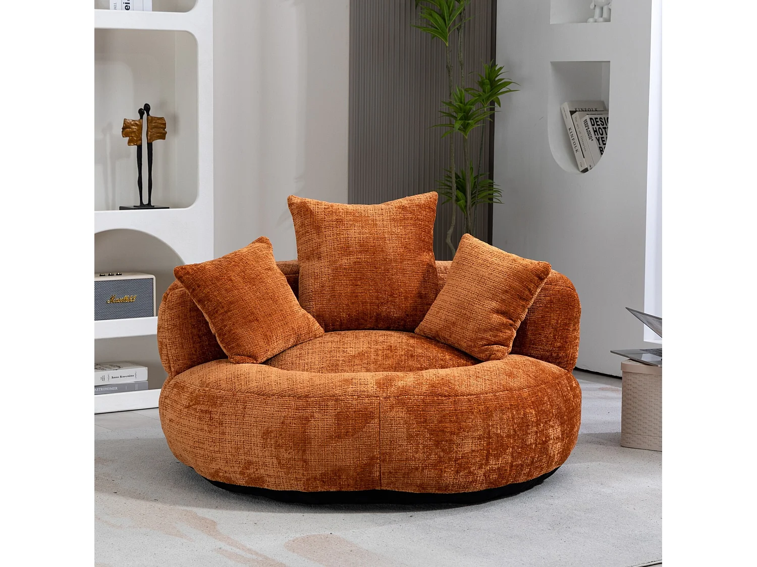 Fauteuil pouf coquillage - en tissu chenille orange - avec 3 oreillers - charge max 250kg - 108x108x52cm