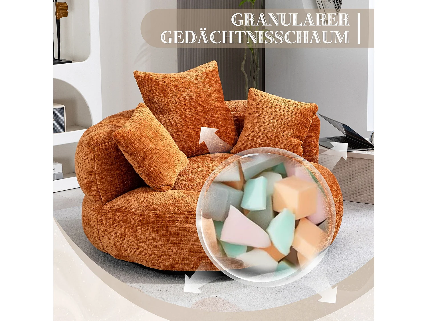 Fauteuil pouf coquillage - en tissu chenille orange - avec 3 oreillers - charge max 250kg - 108x108x52cm