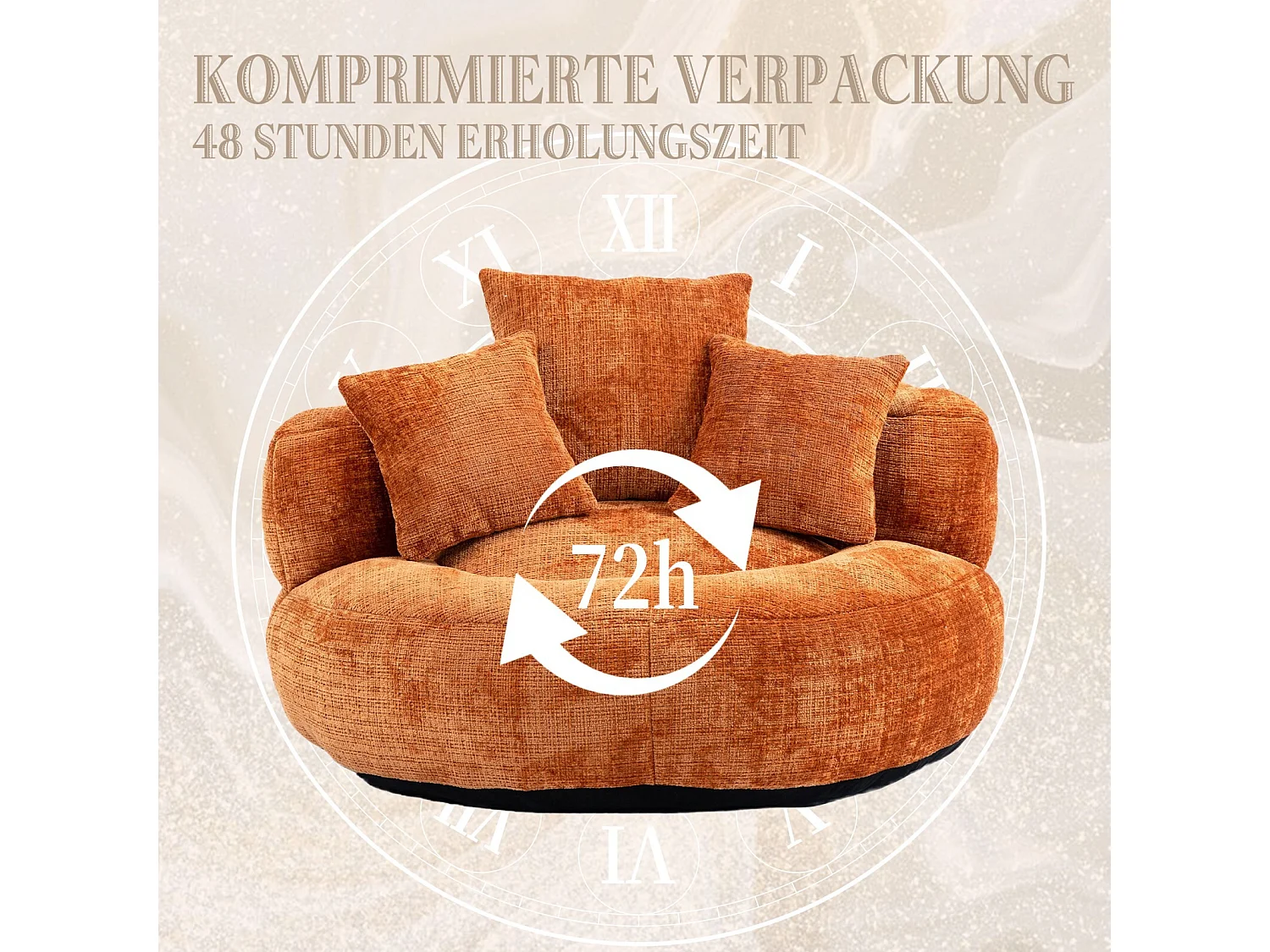 Fauteuil pouf coquillage - en tissu chenille orange - avec 3 oreillers - charge max 250kg - 108x108x52cm