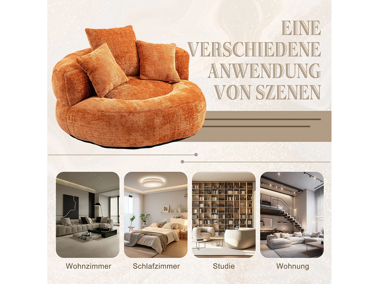 Fauteuil pouf coquillage - en tissu chenille orange - avec 3 oreillers - charge max 250kg - 108x108x52cm