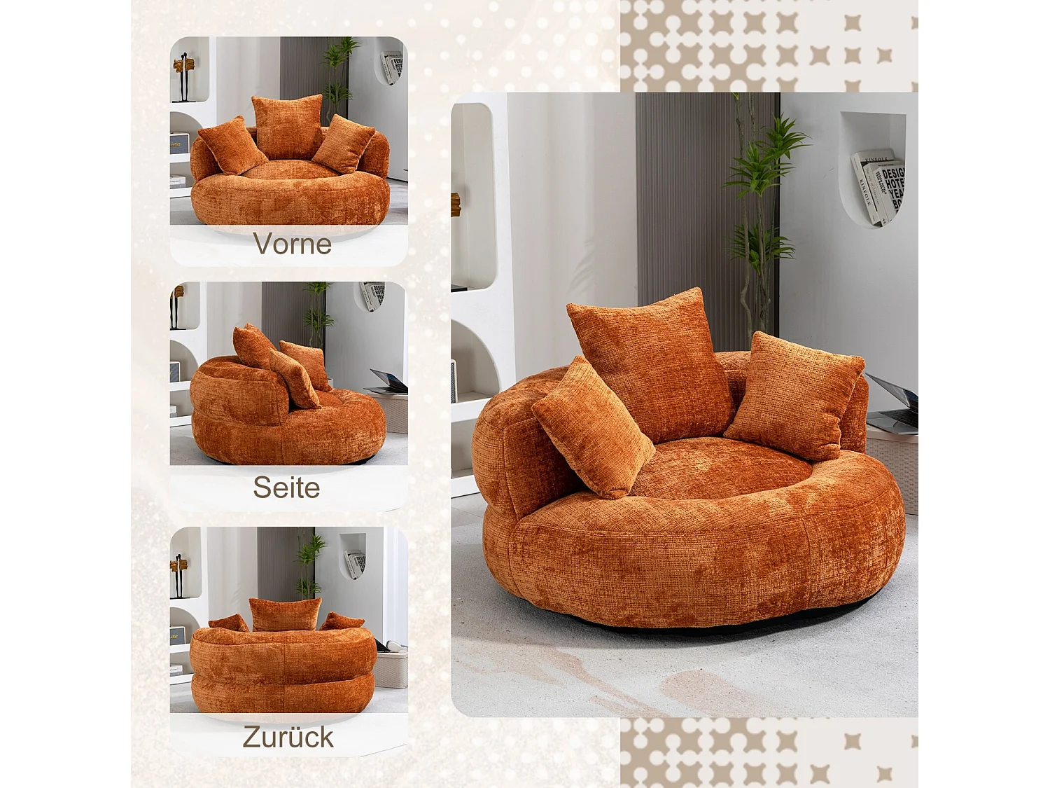 Fauteuil pouf coquillage - en tissu chenille orange - avec 3 oreillers - charge max 250kg - 108x108x52cm