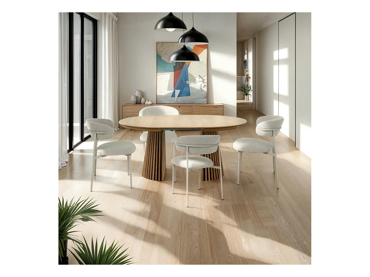 Table à manger extensible Svendborg - Ronde - MDF et placage de chêne - Naturel