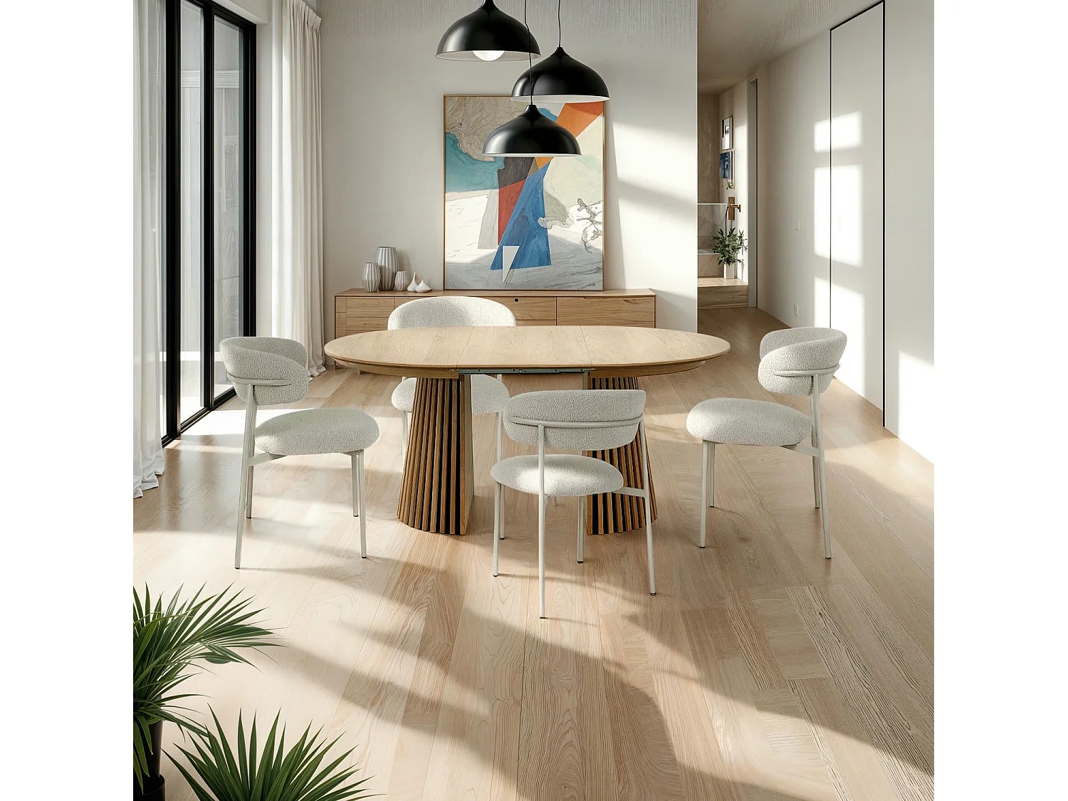 Table à manger extensible Svendborg - Ronde - MDF et placage de chêne - Naturel