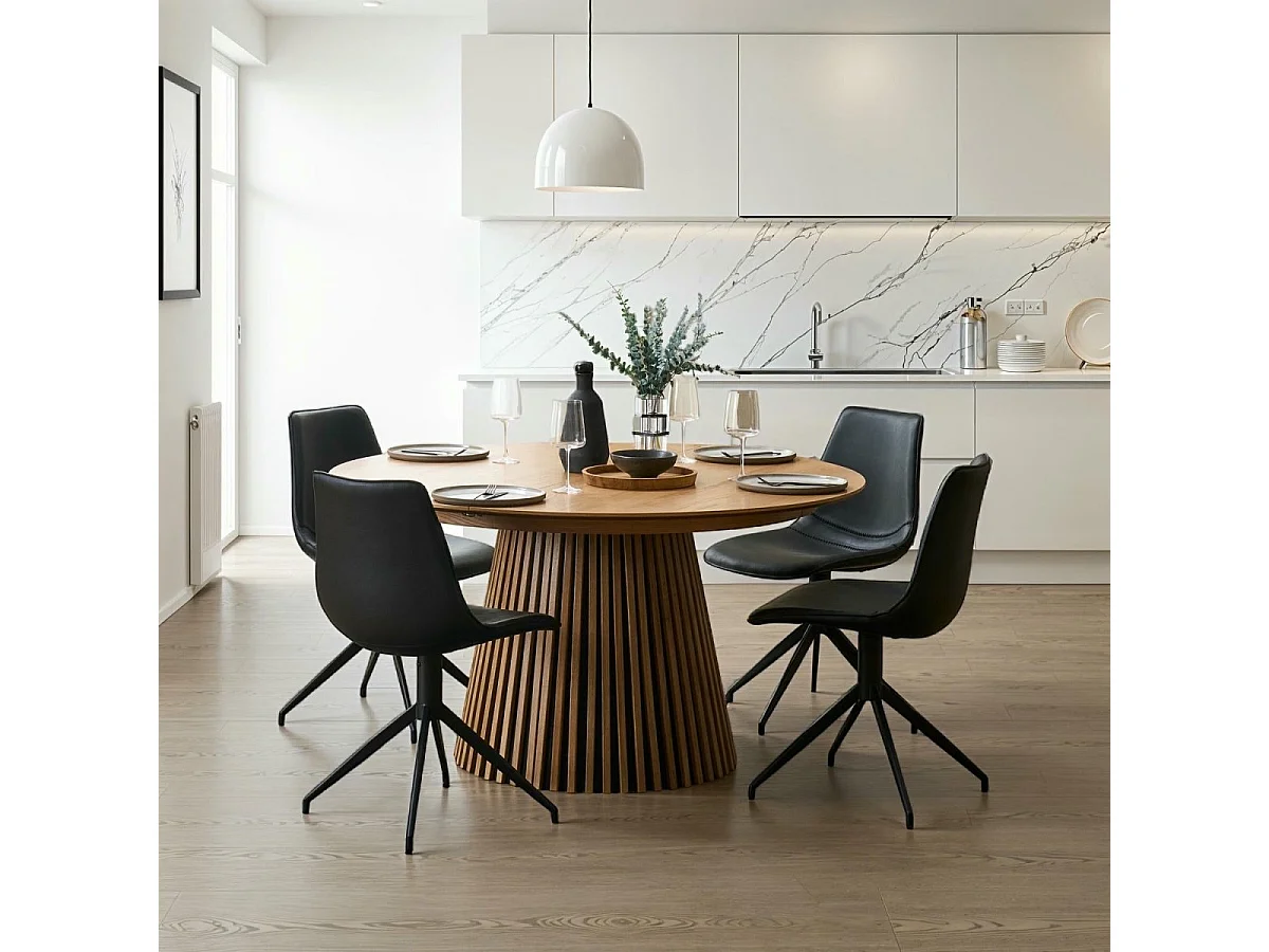 Table à manger extensible Svendborg - Ronde - MDF et placage de chêne - Naturel