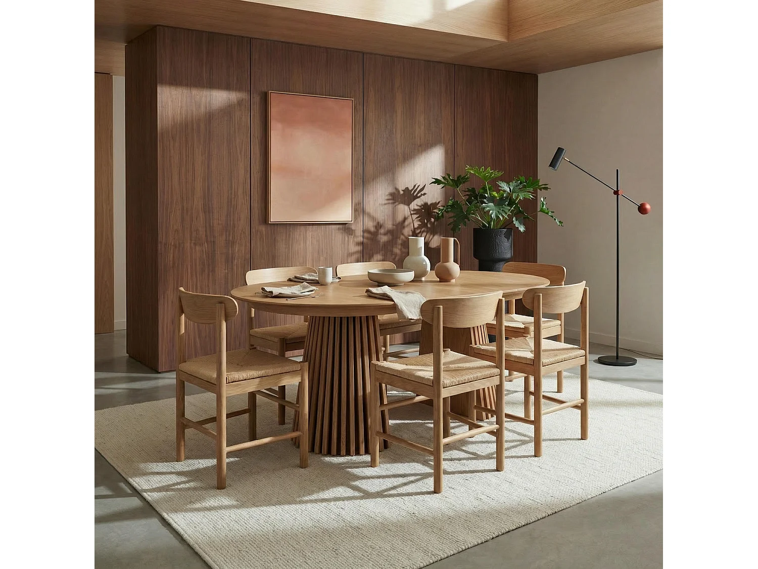 Table à manger extensible Svendborg - Ronde - MDF et placage de chêne - Naturel