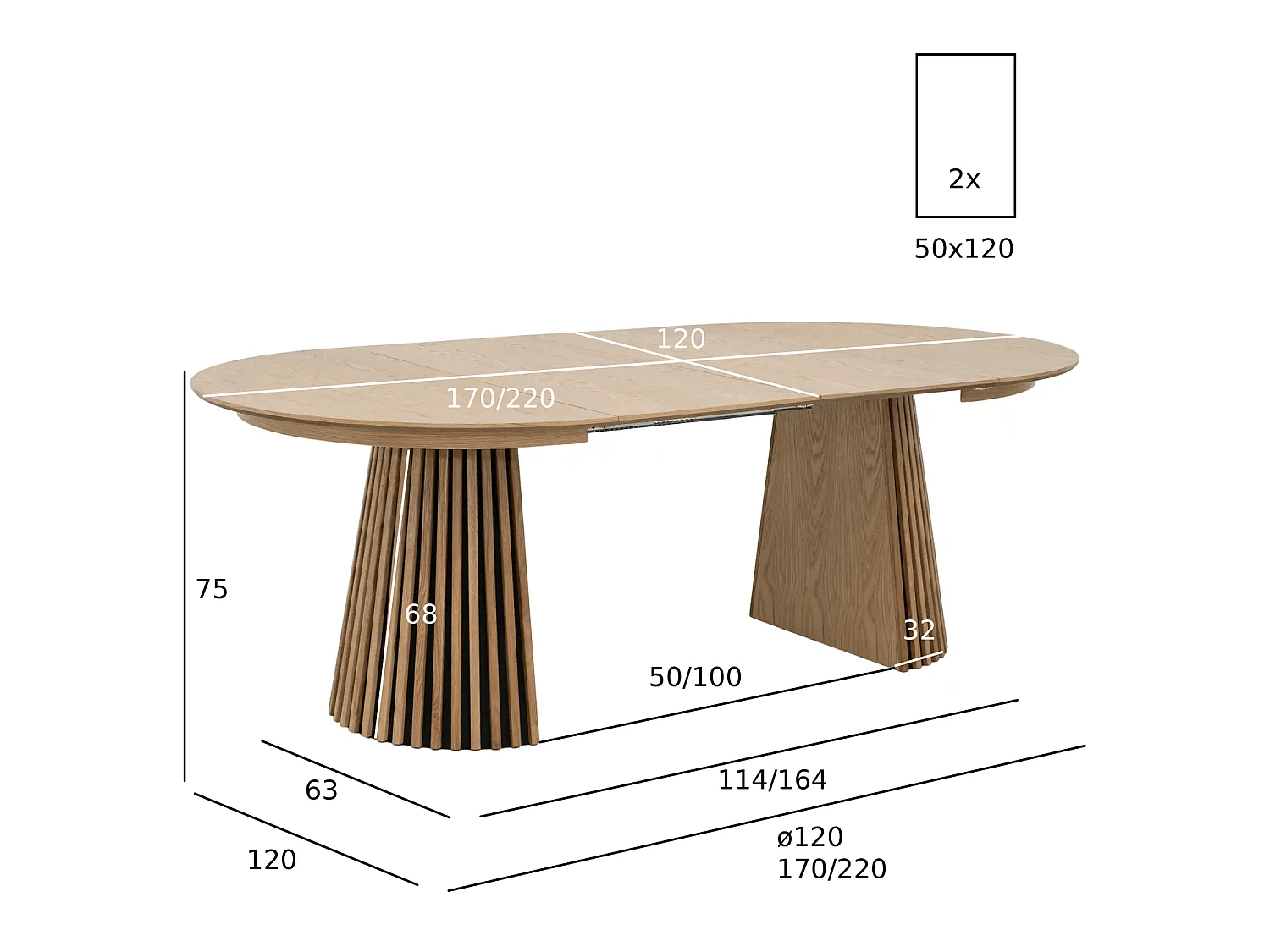 Table à manger extensible Svendborg - Ronde - MDF et placage de chêne - Naturel